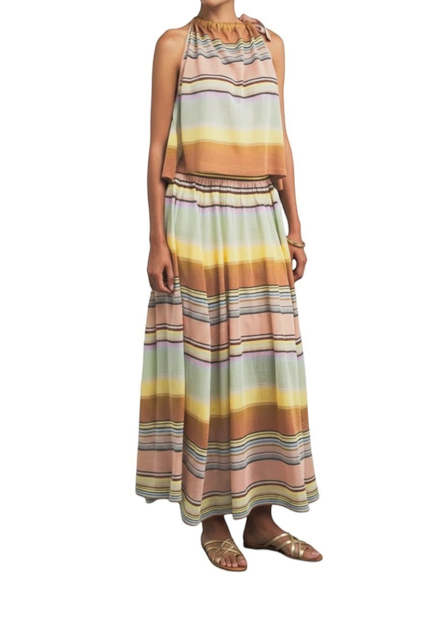 Naked Pear Zimmermann Coco multi-stripe halterneck top and matching high-waisted knit maxi skirt set
