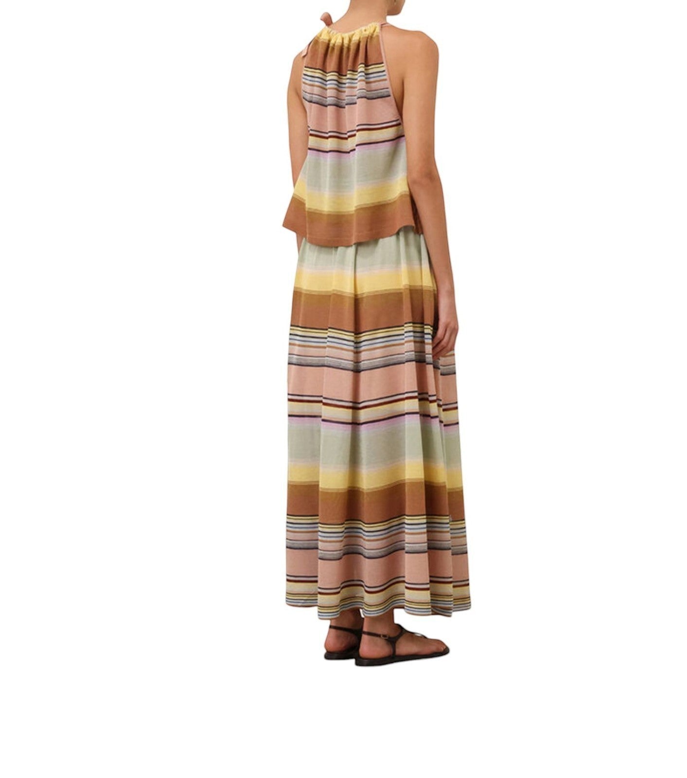 Naked Pear Zimmermann multi-stripe knitted halterneck top and matching circle skirt set on a model, back view