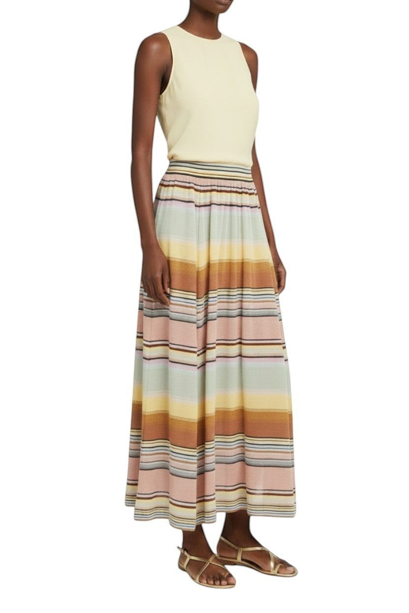 Naked Pear Zimmermann Coco stripe knitted maxi skirt with high waist and multi-coloured horizontal stripes on a model