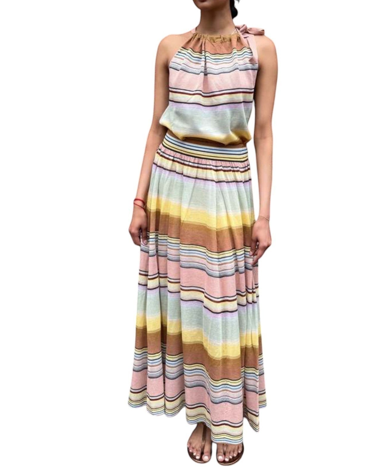 Naked Pear Zimmermann Coco multi-stripe knitted halterneck top and matching high-waisted circle skirt set