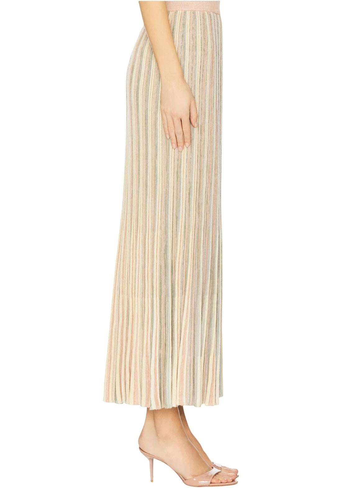 Naked Pear Zimmermann Illuminate Moulin pleated midi skirt in pastel multi-coloured stripes on a model side view