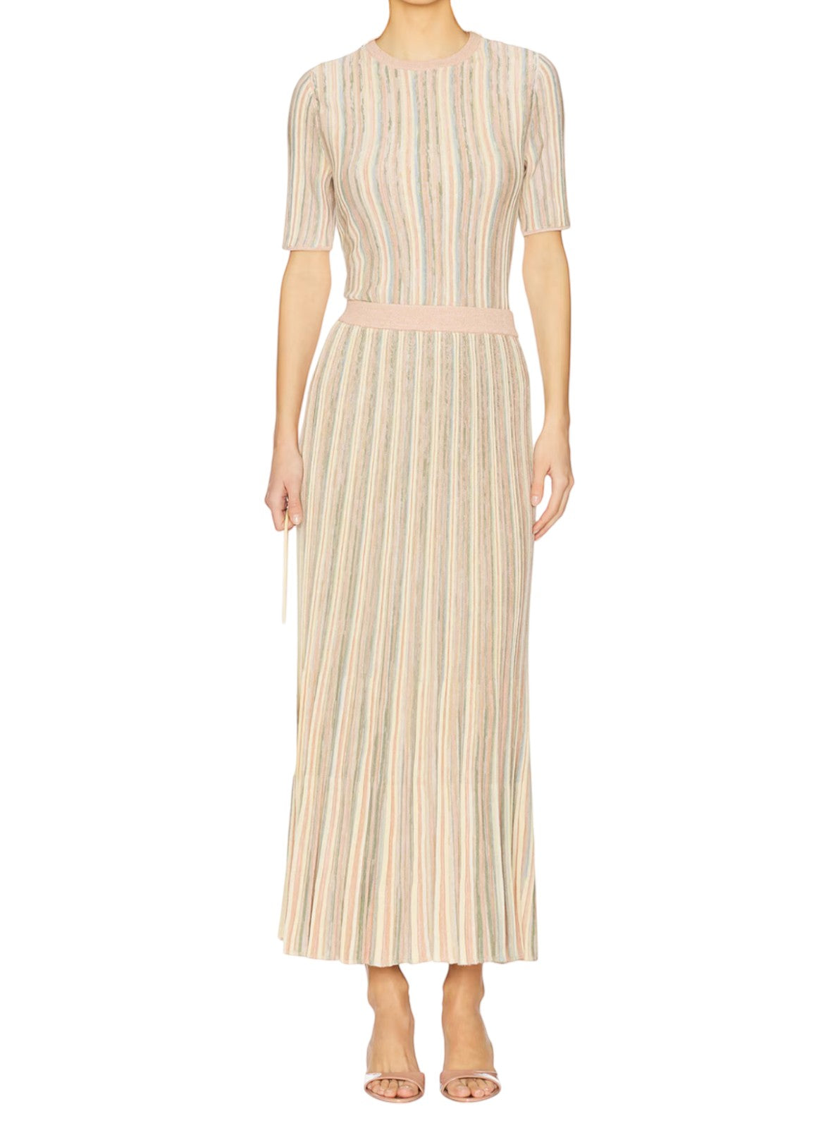 Naked Pear Zimmermann Illuminate Moulin pleated midi skirt in pastel multi-coloured stripes on a model