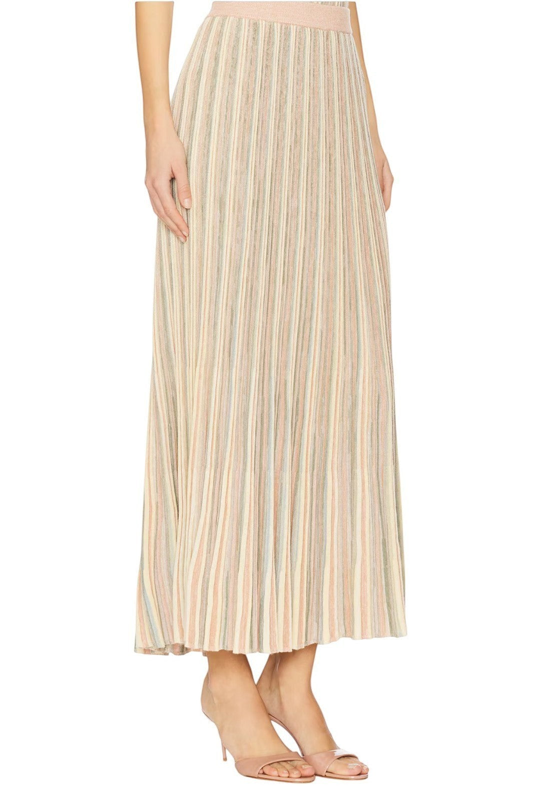 Naked Pear Zimmermann Illuminate Moulin pleated midi skirt in pastel multi-coloured stripes with a stretch waistband.
