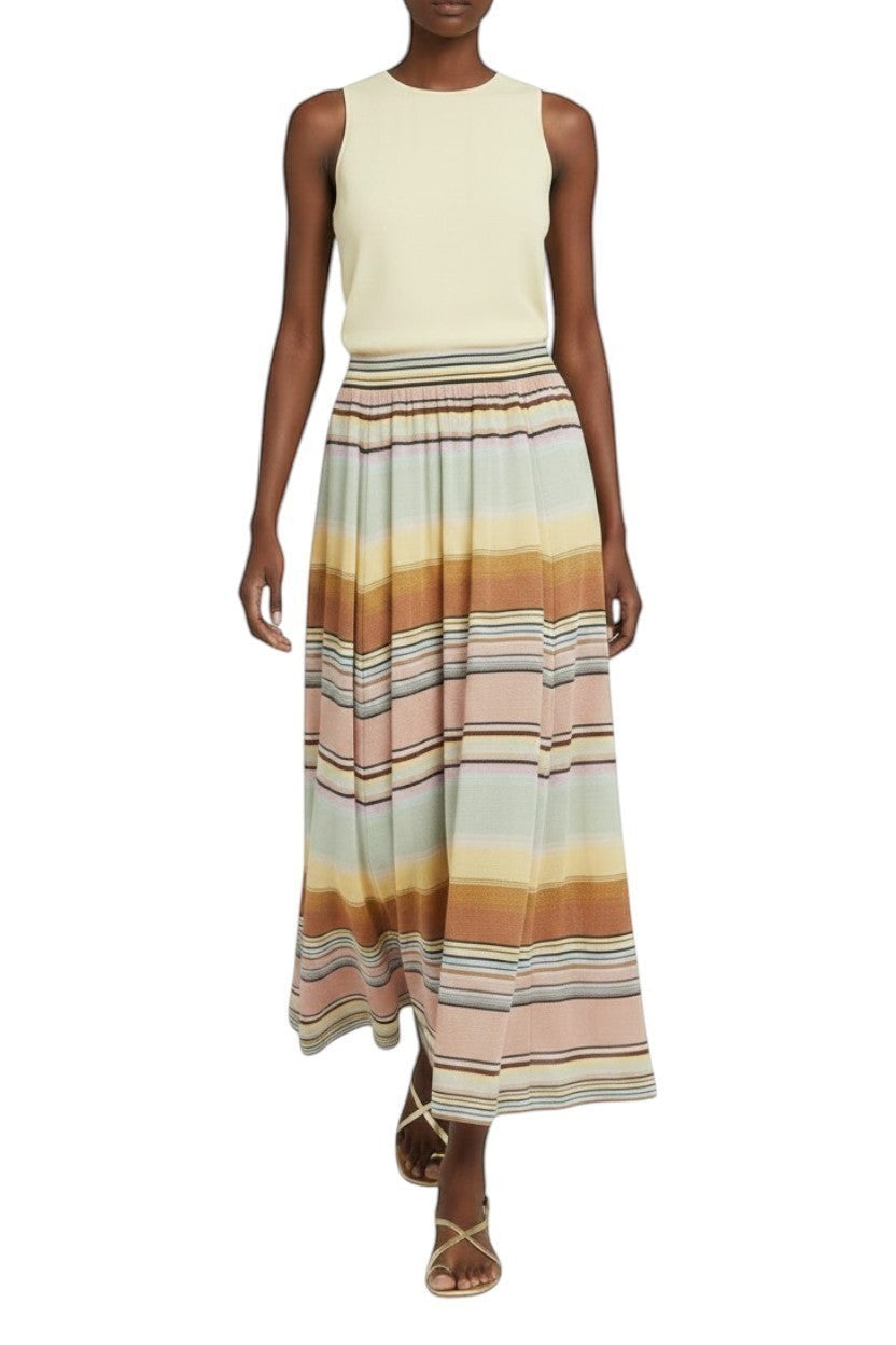 Naked Pear Zimmermann Coco stripe knitted midi circle skirt with a high waist and multi-coloured horizontal stripes.