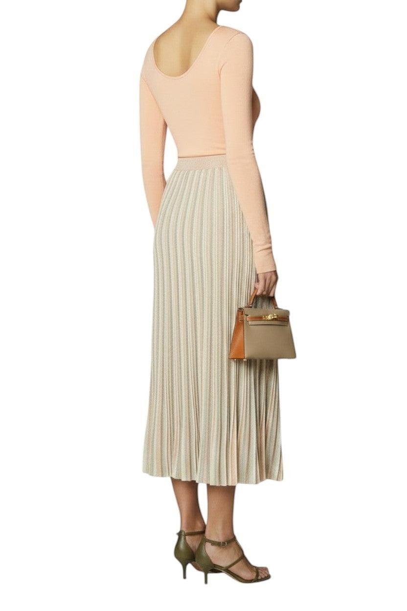 Naked Pear Zimmermann Illuminate Moulin pleated midi skirt in pastel multi-stripe knit fabric, back view