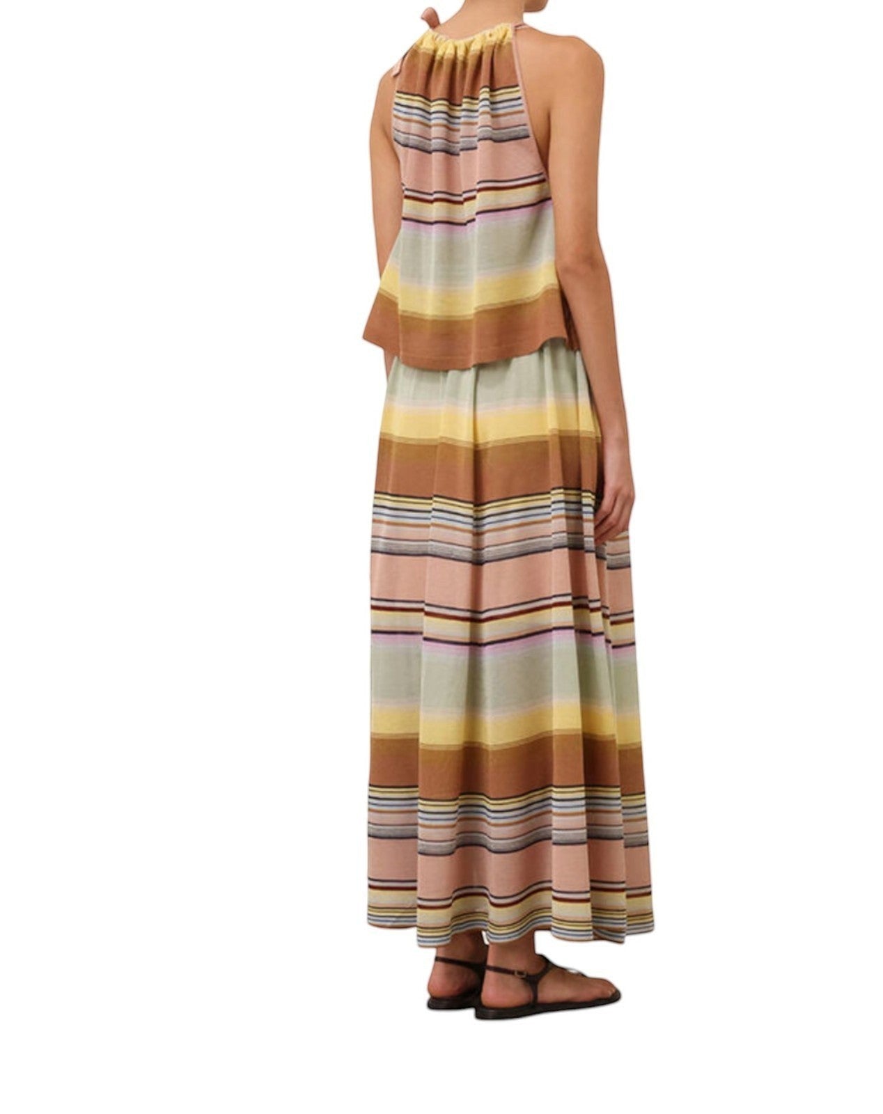 Naked Pear Zimmermann Coco multi-stripe knitted halterneck top and matching maxi skirt set on a model, back view.