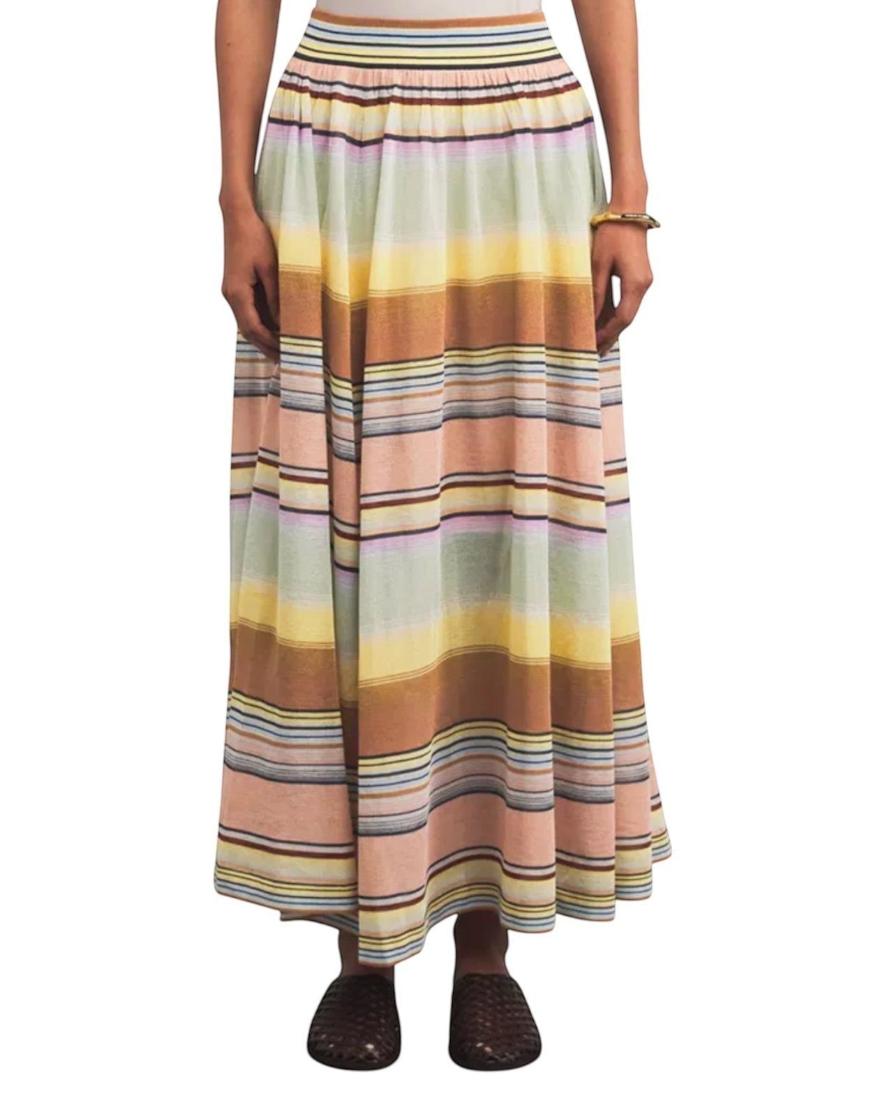 Naked Pear Zimmermann Coco stripe knitted circle skirt in a multi-coloured high-waisted maxi length design.