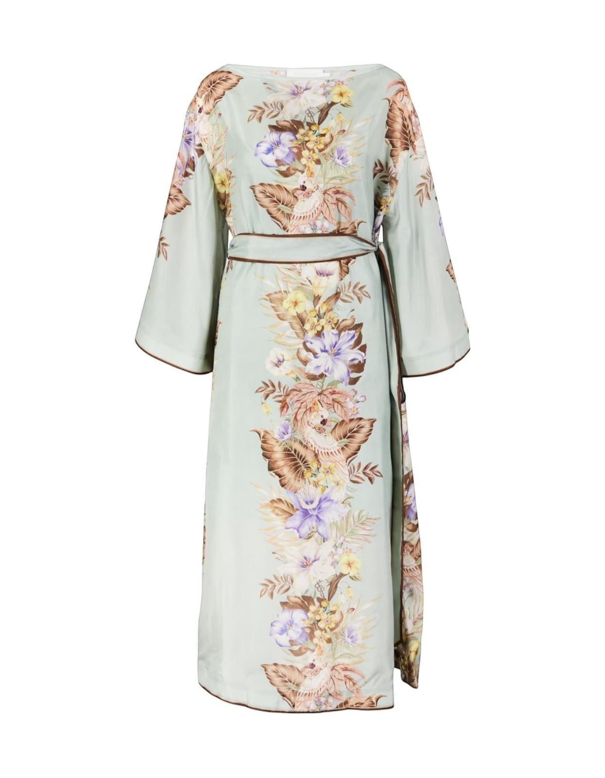 Naked Pear Zimmermann Coco silk midi tunic dress in sage floral print with wide sleeves and a self-tie waist belt.