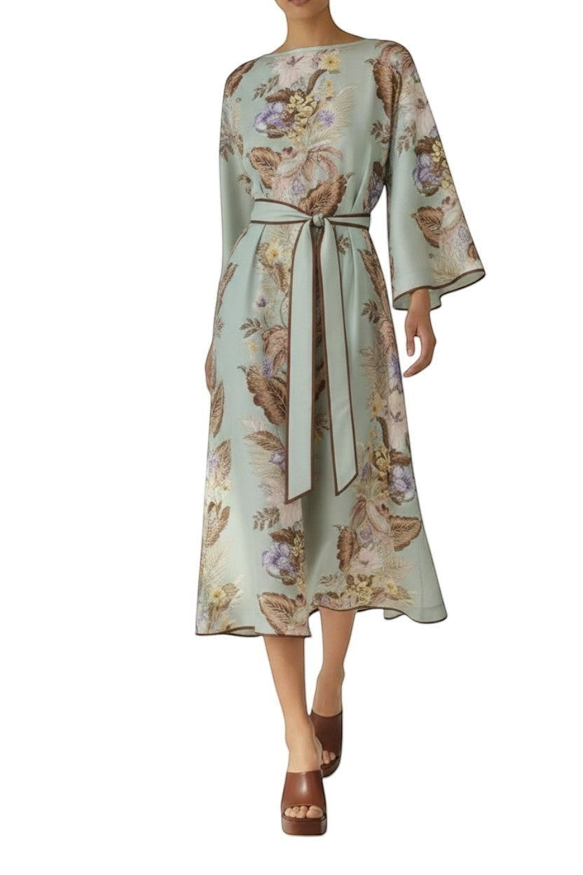 AI generated image of Naked Pear Zimmermann Coco silk midi dress in sage floral print with wide sleeves and a self-tie waist belt.