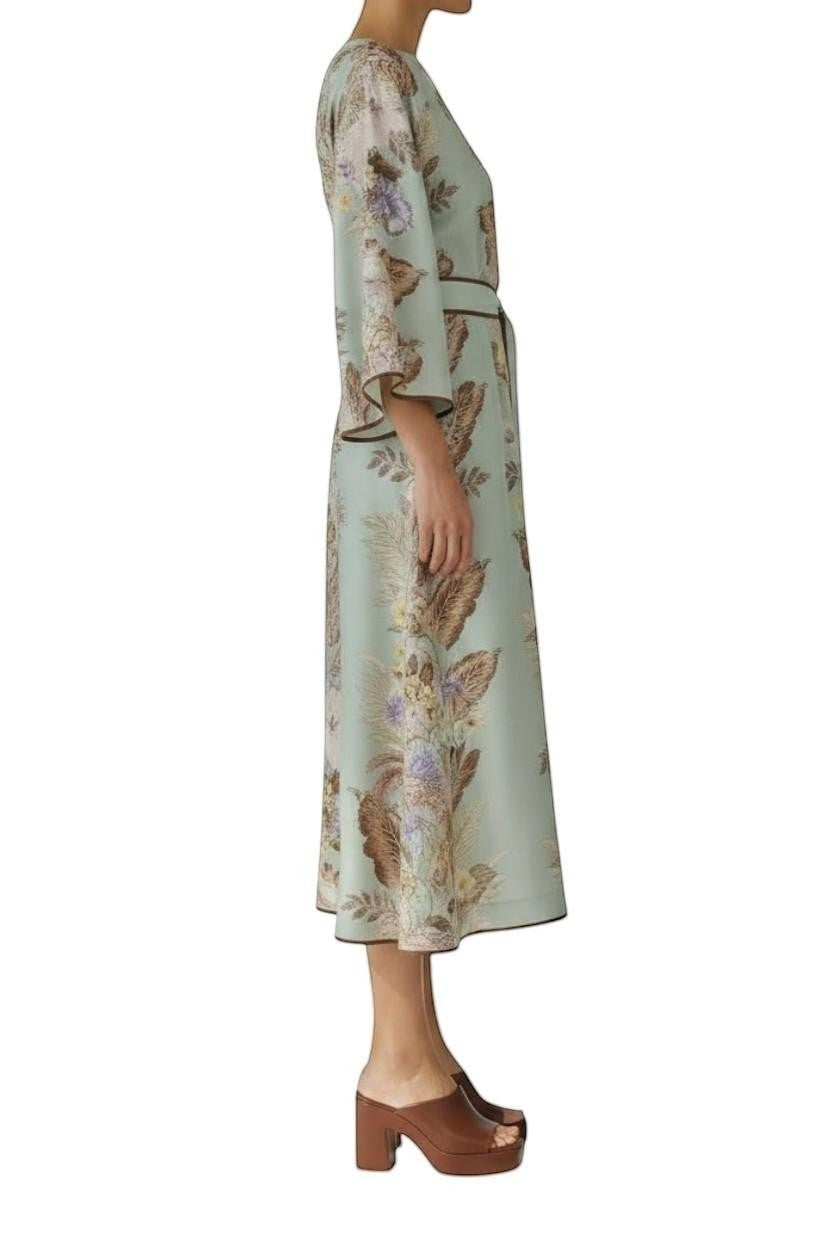 AI generated image of Naked Pear Zimmermann Coco silk midi tunic dress in sage floral print with kimono sleeves and waist belt, side view