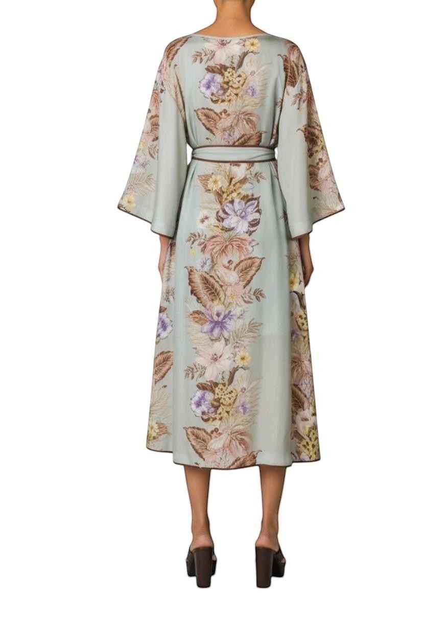 Naked Pear Zimmermann Coco silk midi tunic dress in sage floral print with wide kimono sleeves and waist belt, back view