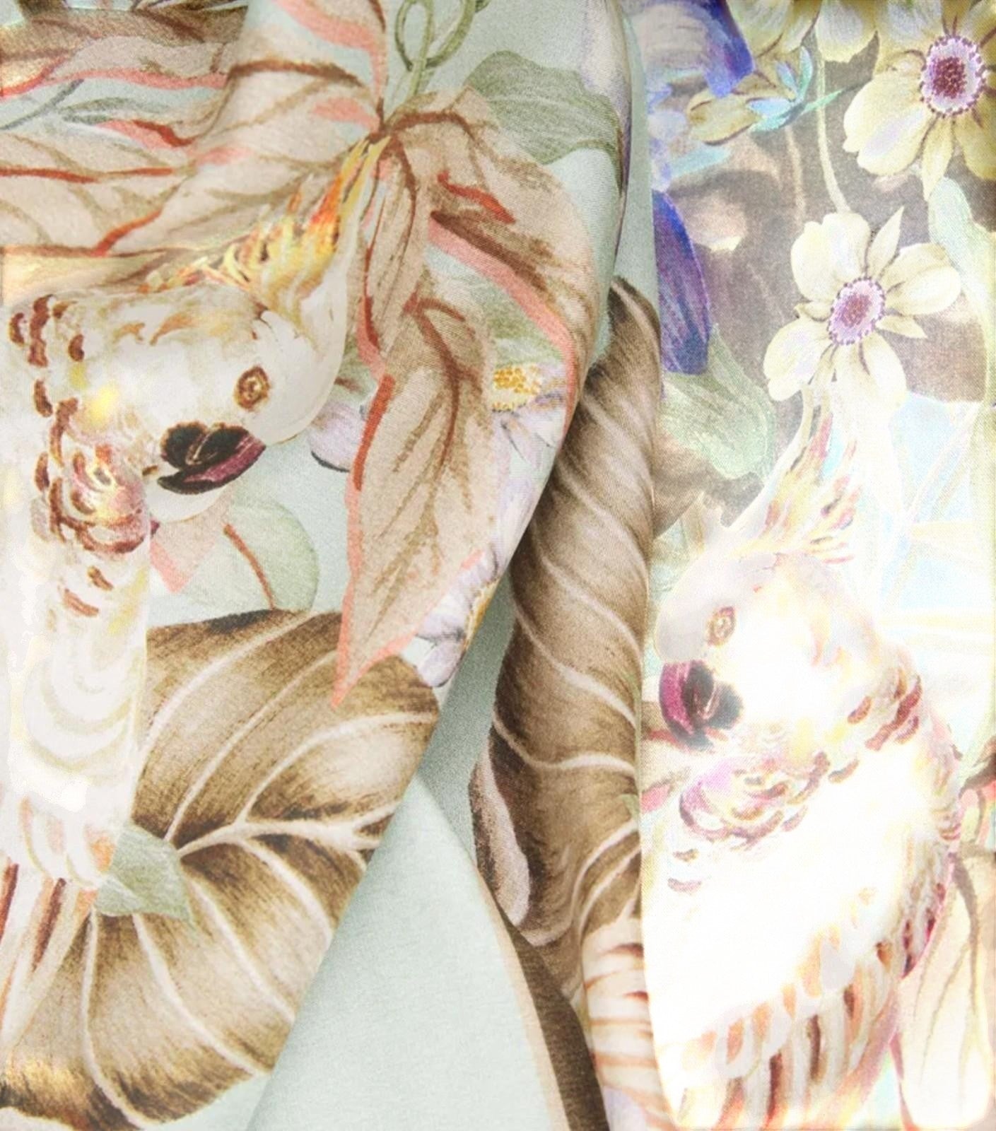 Naked Pear Zimmermann Coco silk midi dress fabric detail featuring sage green floral and cockatoo print