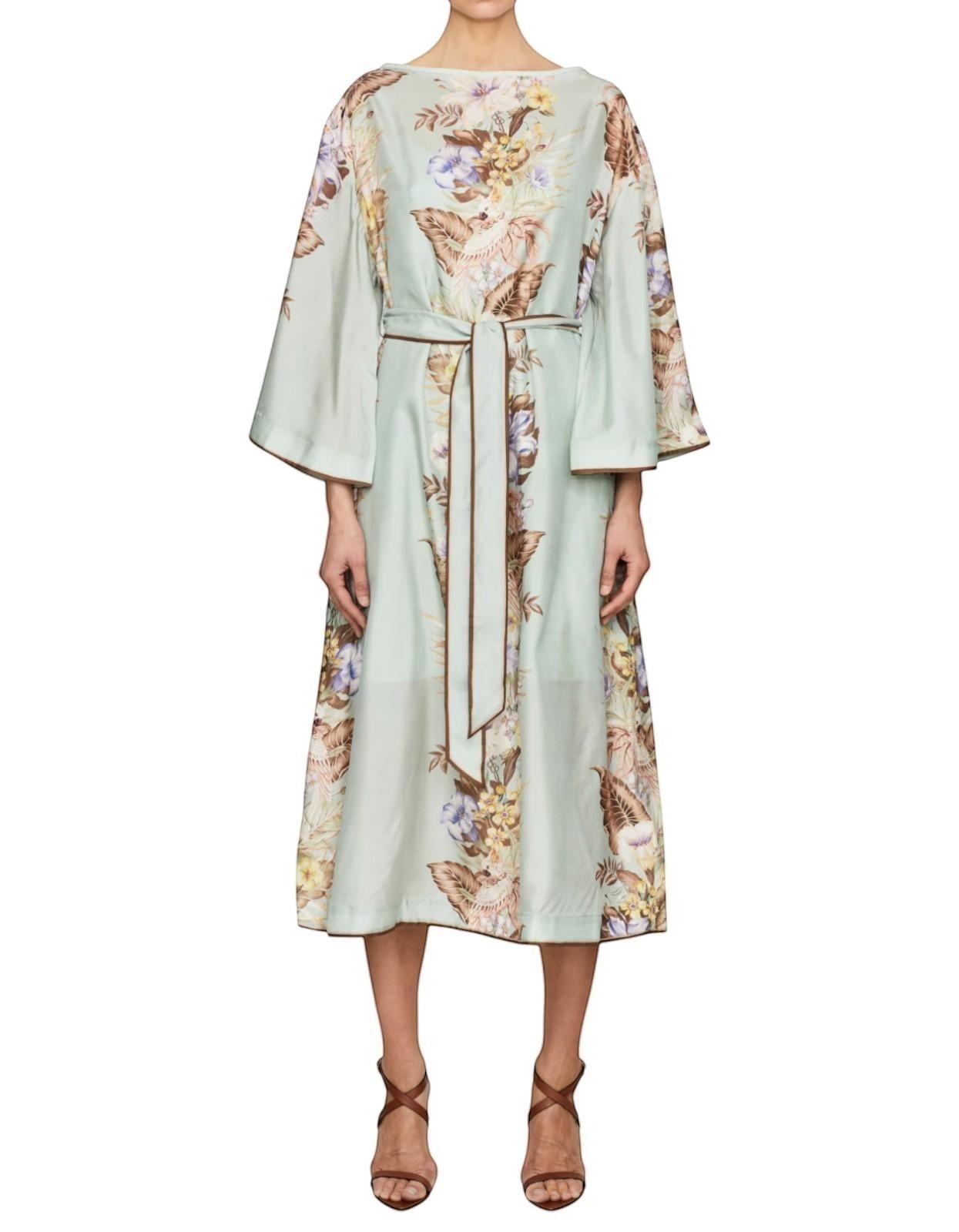 Naked Pear Zimmermann Coco silk midi tunic dress in sage multi floral print with wide sleeves and self-tie waist belt