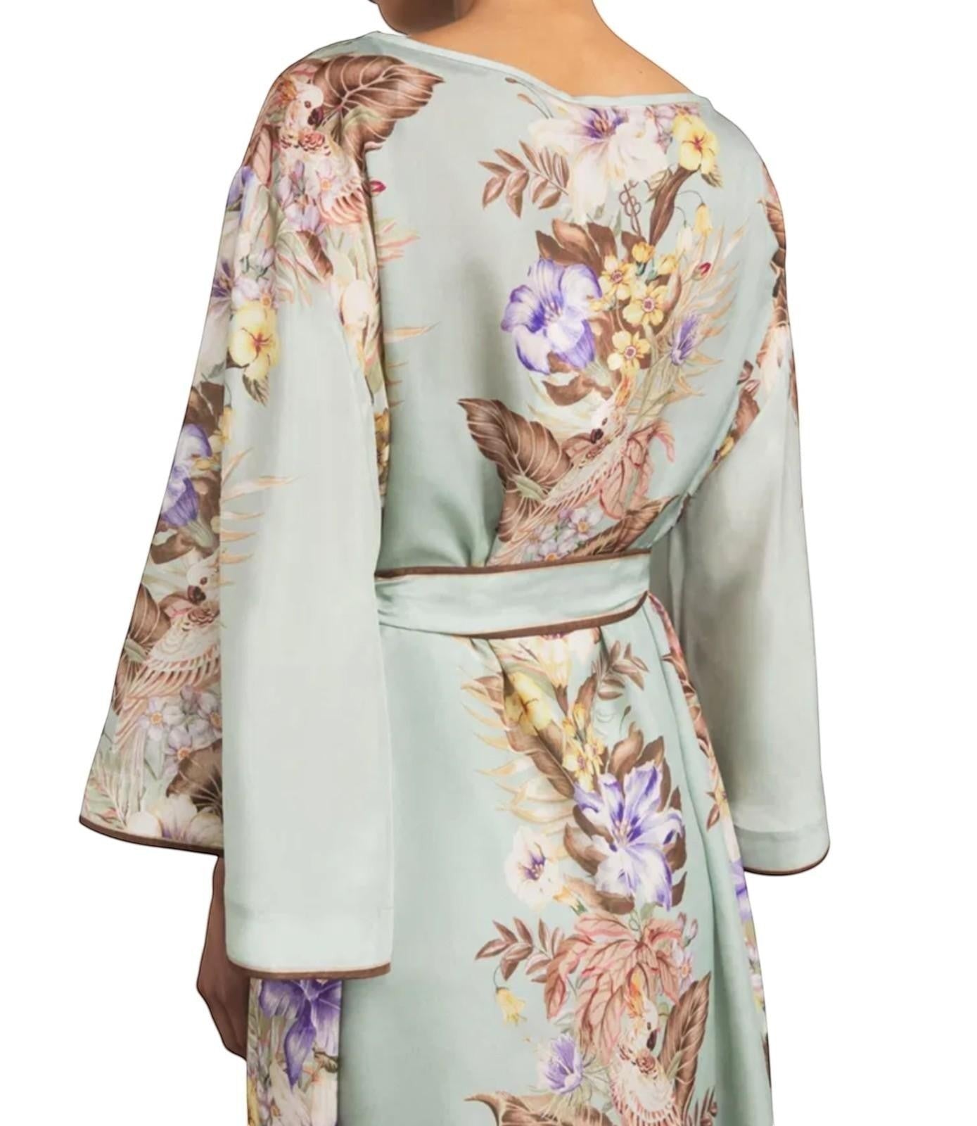 Naked Pear Zimmermann Coco silk midi dress in sage floral print with wide kimono sleeves and a self-tie waist belt