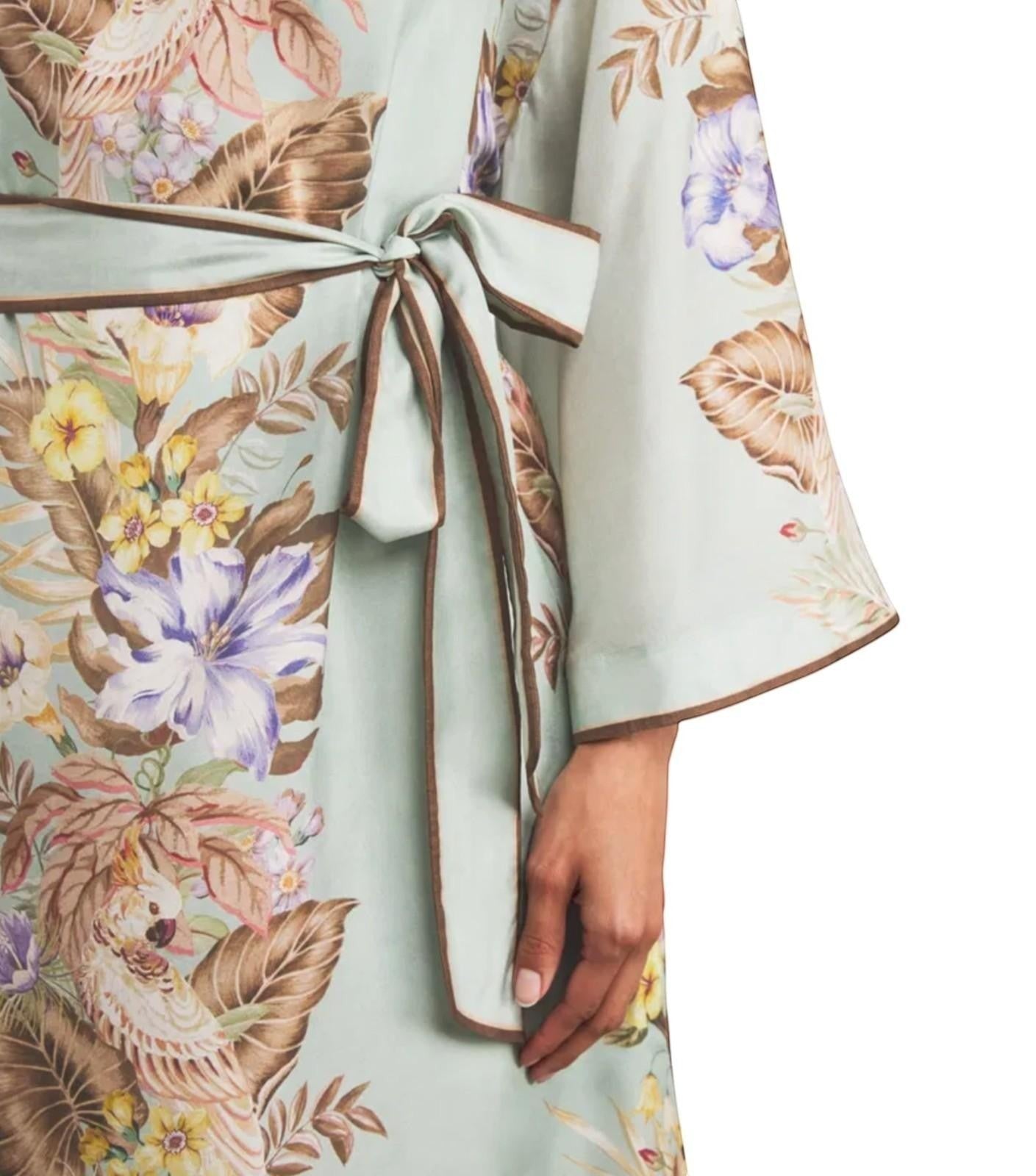 Naked Pear Zimmermann Coco silk midi dress in sage floral print with contrast piping and a self-tie waist belt.