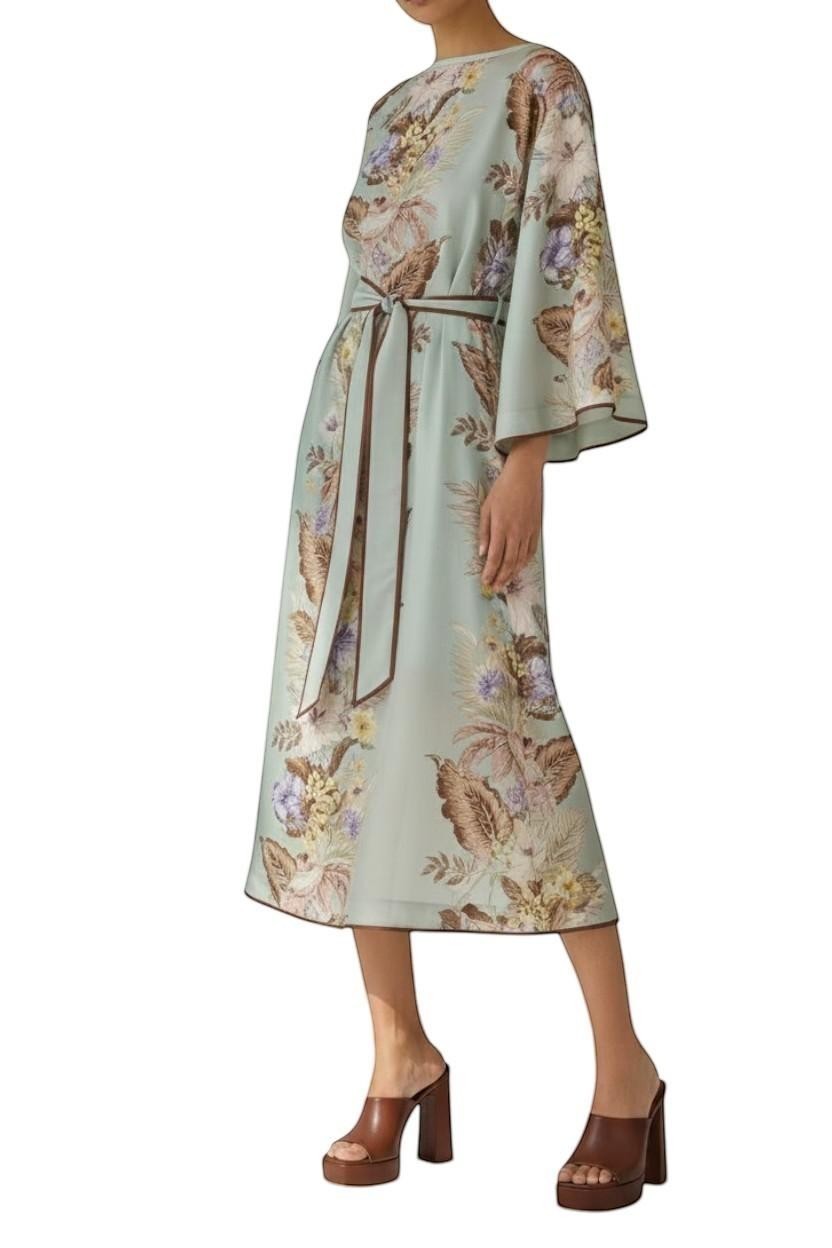 AI generated image of Naked Pear Zimmermann silk midi tunic dress in sage floral print with wide sleeves and a self-tie waist belt.