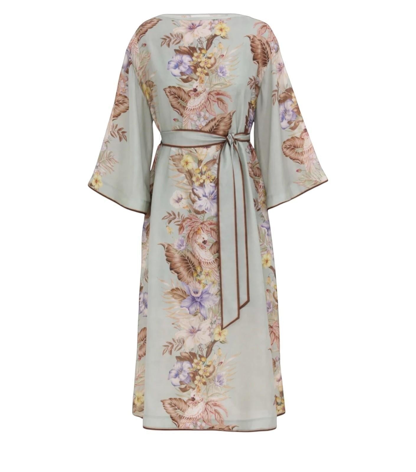 Naked Pear Zimmermann Coco silk midi tunic dress in sage floral print with wide sleeves and a self-tie waist belt.