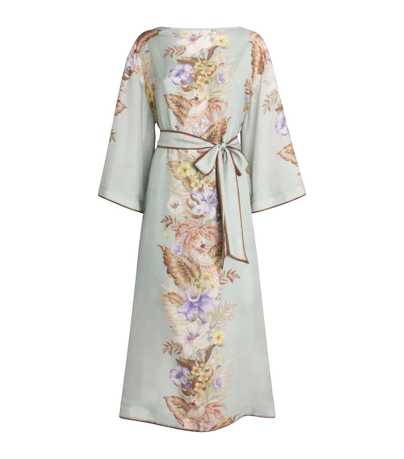 Naked Pear Zimmermann Coco silk midi tunic dress in sage floral print with wide sleeves and a self-tie waist belt.
