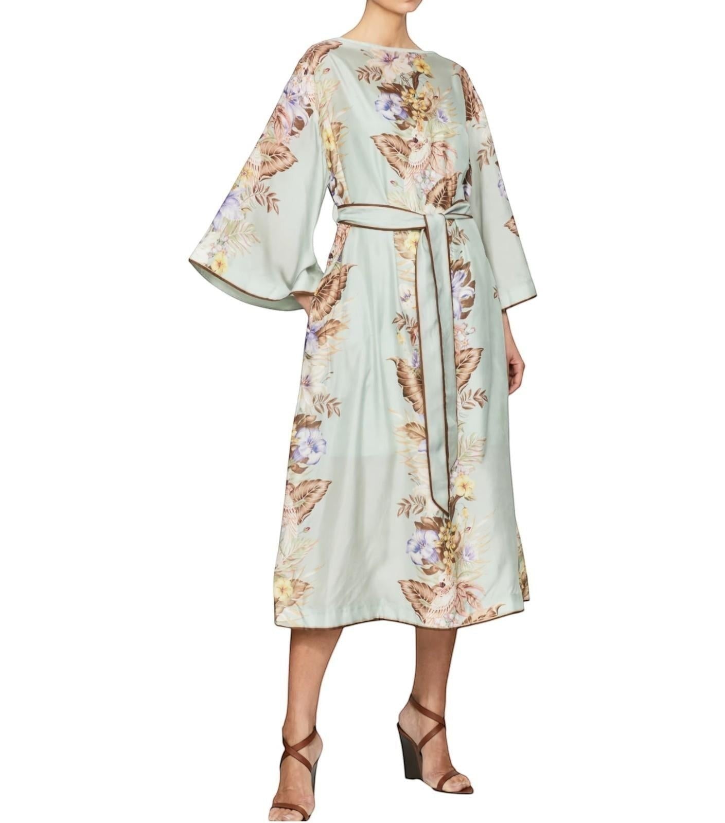 Naked Pear Zimmermann Coco silk midi tunic dress in sage floral print with wide sleeves and a self-tie waist belt.