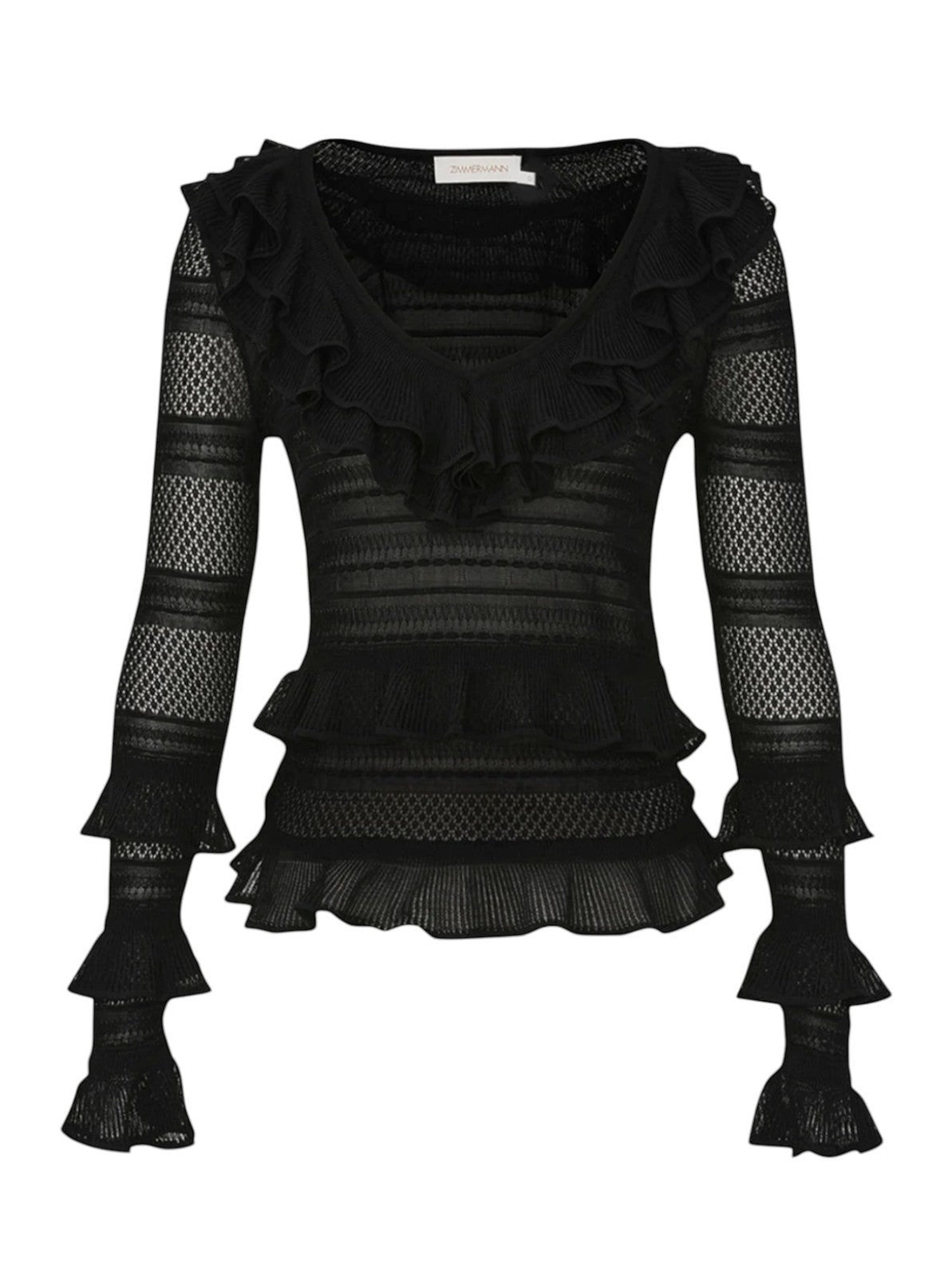 Naked Pear Zimmermann black sheer knit top with V-neck, cascading ruffles, and long sleeves.