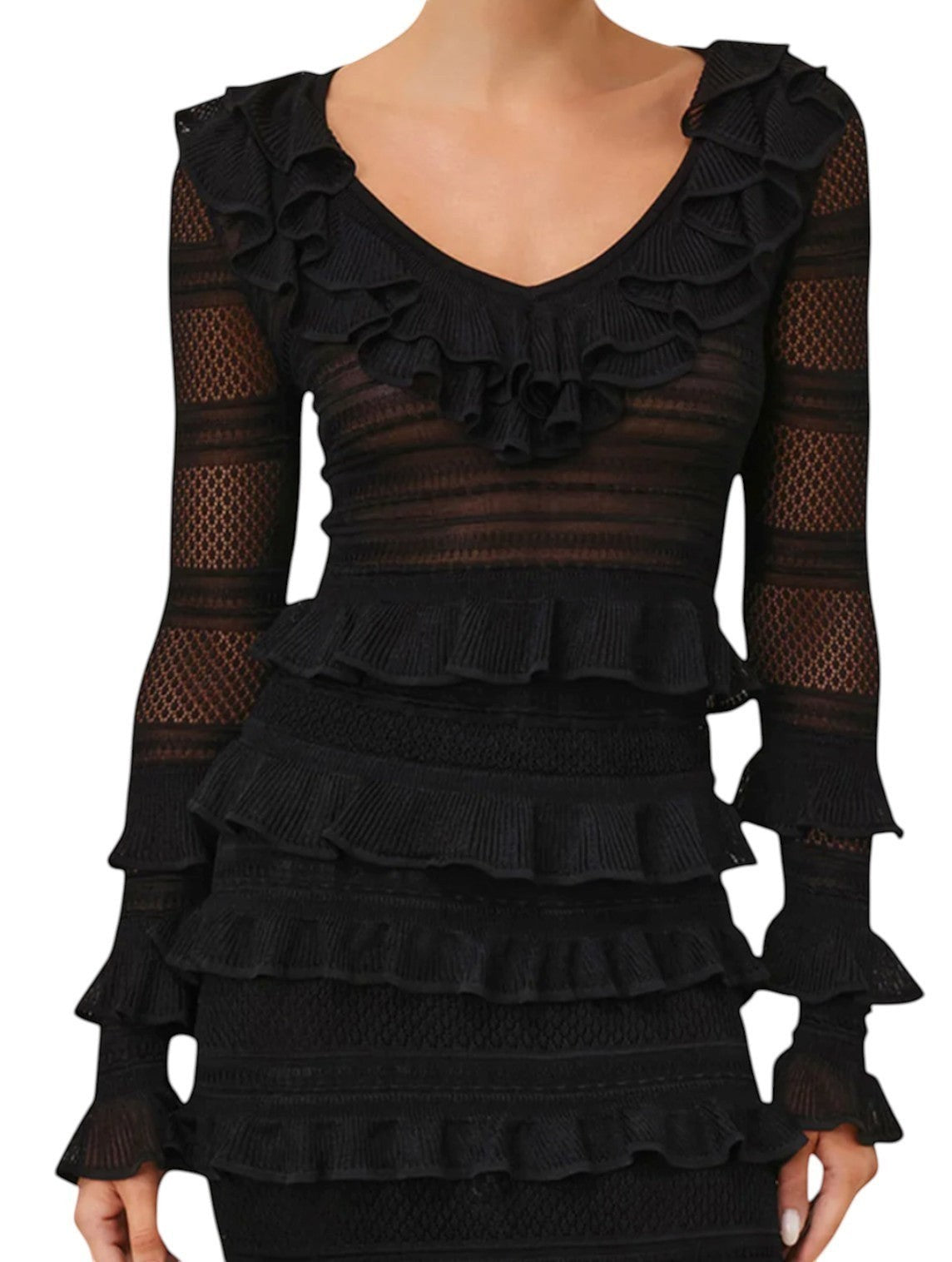 Naked Pear Zimmermann black sheer knit top with long sleeves, V-neckline, and cascading frill ruffle details.
