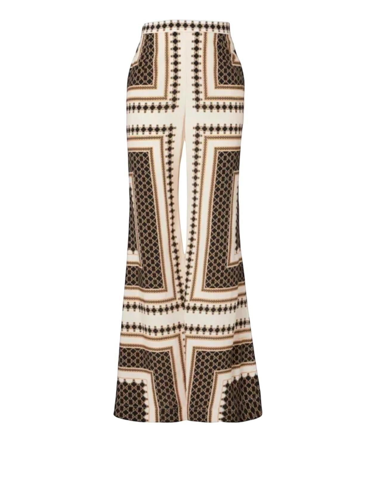 Naked Pear Zimmermann high-waisted flare pants in a black, cream, and brown geometric silk-blend print.