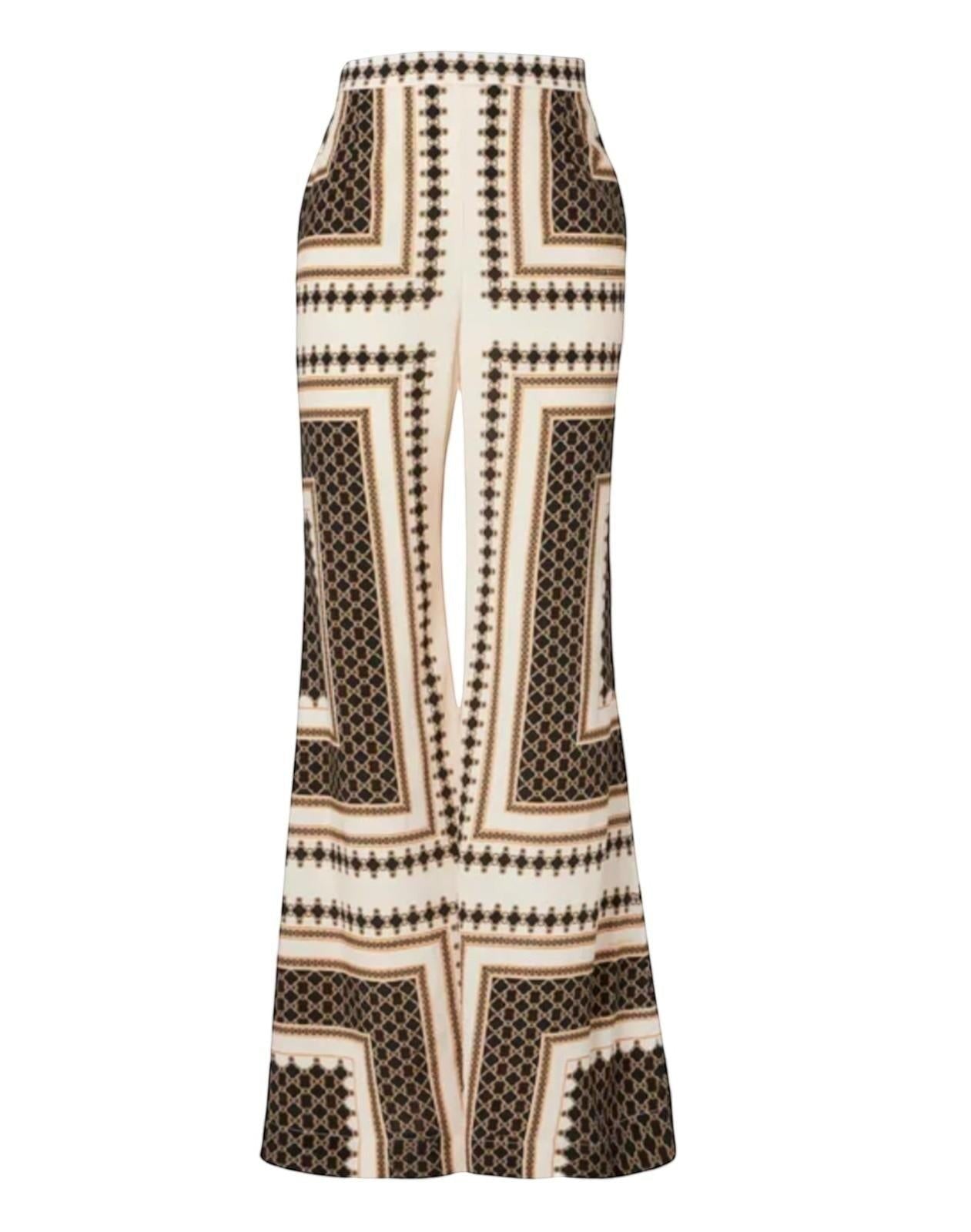 Naked Pear Zimmermann high-waisted flare pants in black, cream, and brown geometric print silk blend fabric.