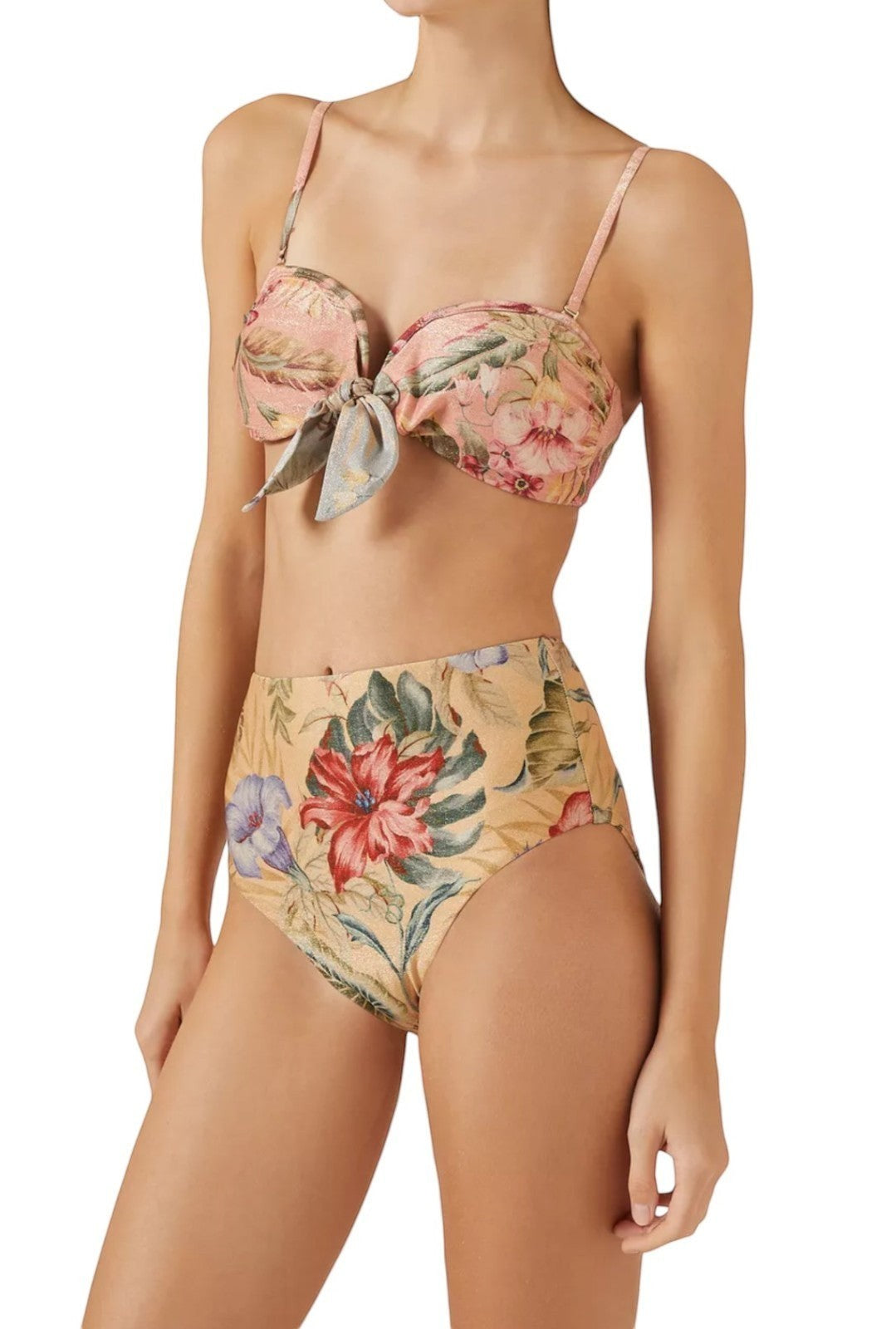 Naked Pear Zimmermann Coco high-waisted bikini bottoms in tan multi floral print Italian lycra with full coverage