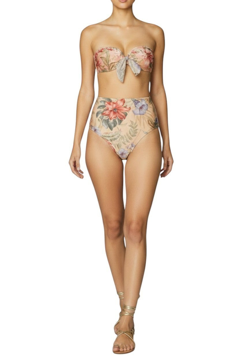 Naked Pear Zimmermann Coco high-waist bikini bottoms in tan multi floral print Italian lycra with full coverage