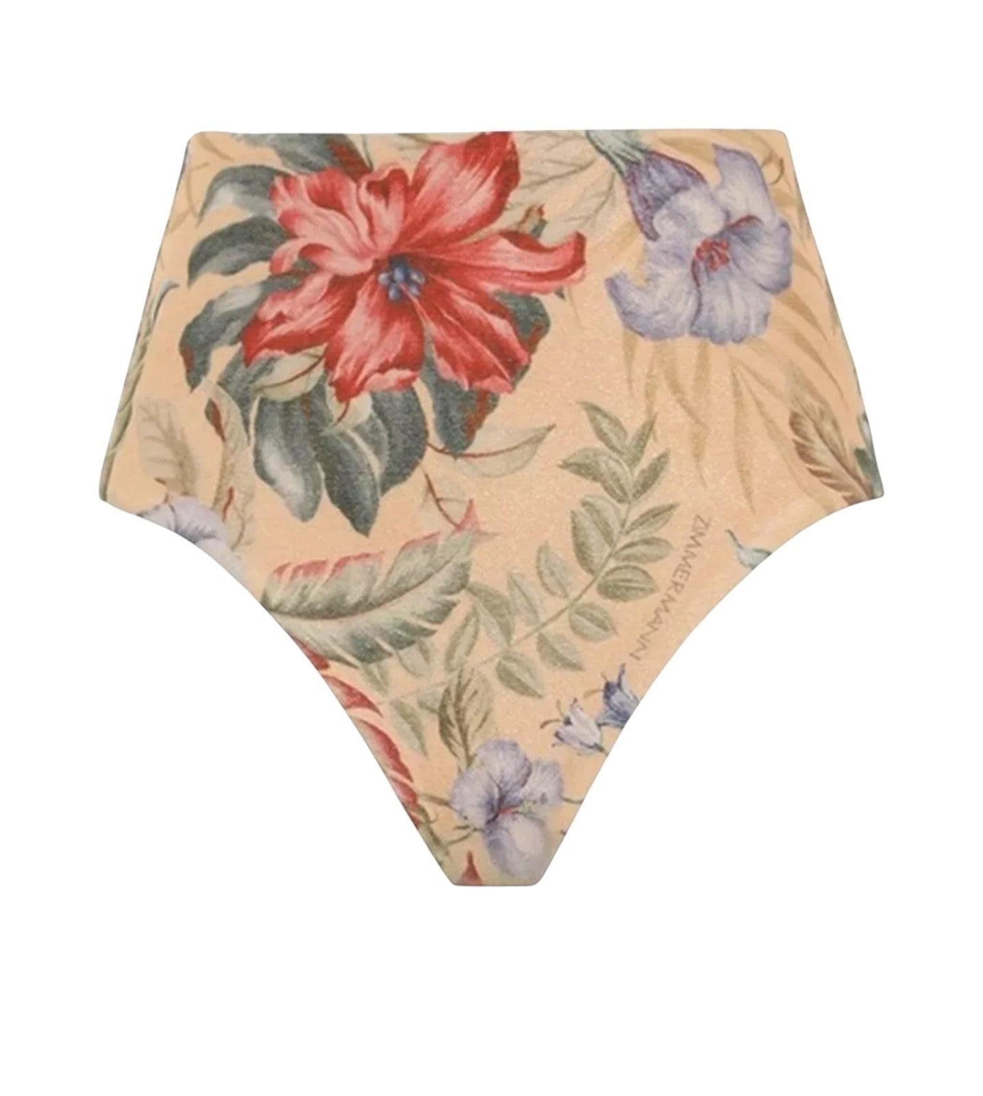 Naked Pear Zimmermann high-waisted bikini bottoms in tan multi floral Italian lycra with full coverage