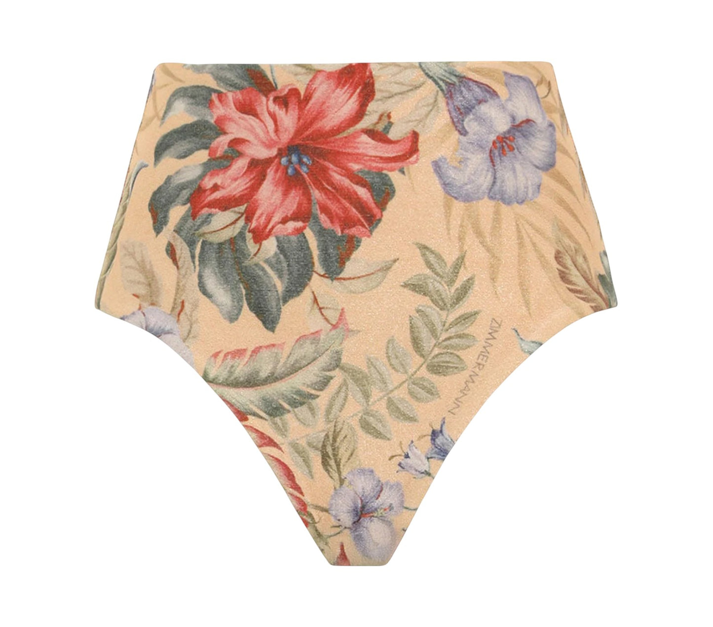 Naked Pear Zimmermann Coco high-waisted bikini bottoms in a tan multi floral print made from Italian lycra.