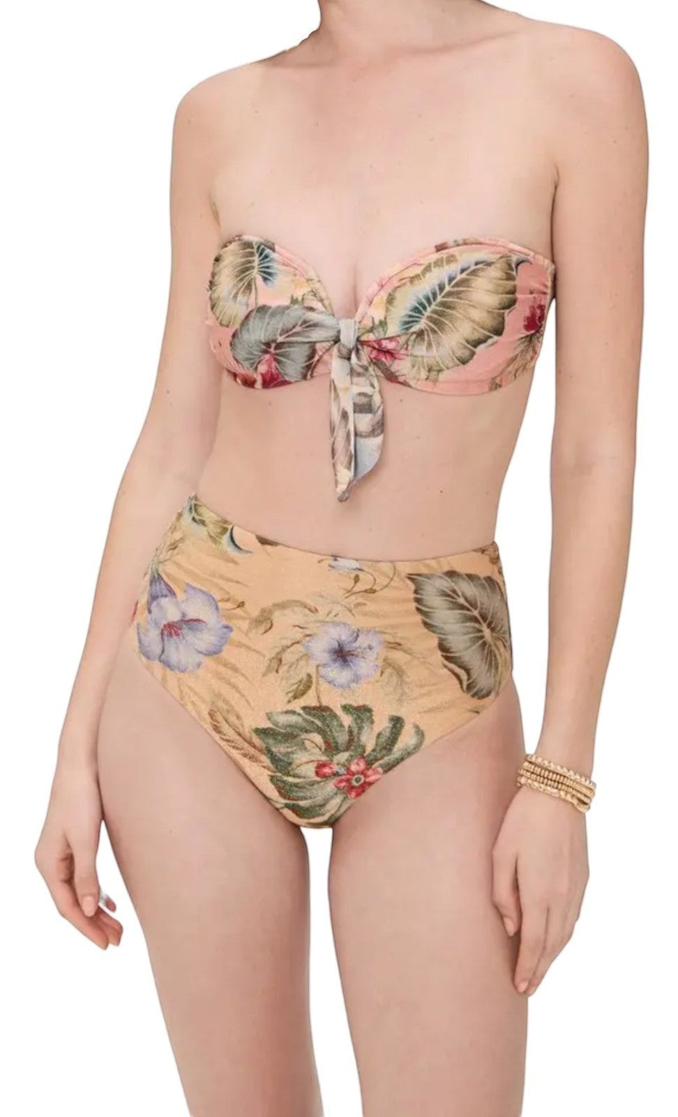 Naked Pear Zimmermann Coco high-waist bikini bottoms in tan multi floral Italian lycra with full coverage