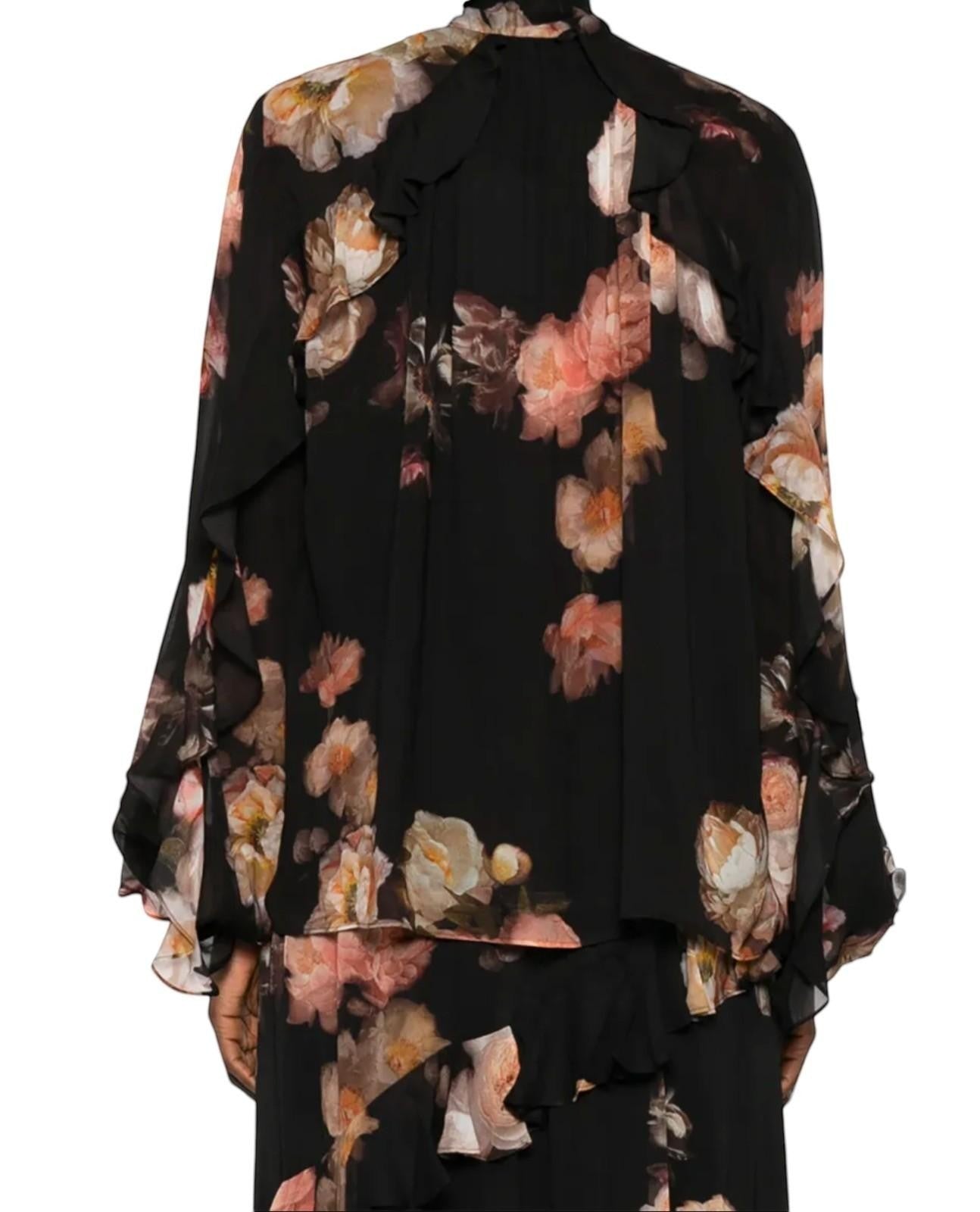 Naked Pear Zimmermann Hypnotic black floral chiffon blouse with long sleeves, frill details, and a neck tie.