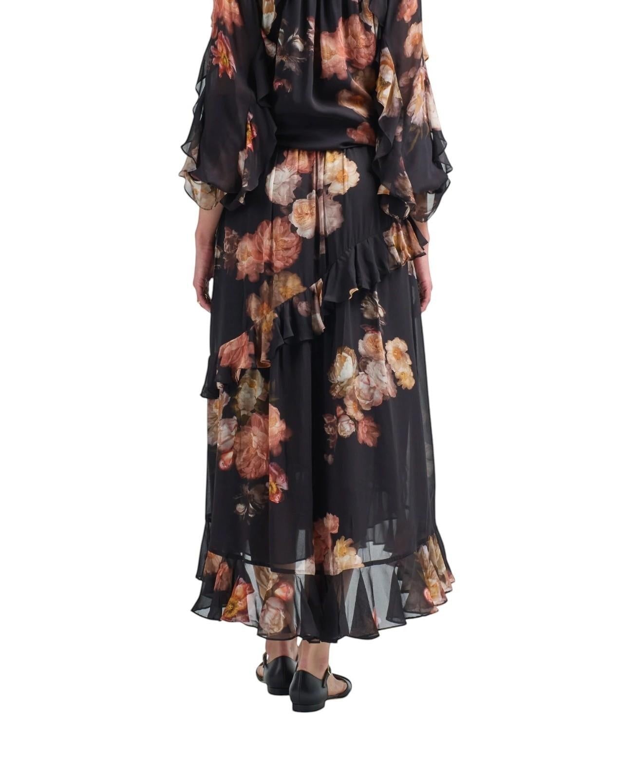 Naked Pear Zimmermann Hypnotic asymmetric midi skirt in black russet floral print with tiered ruffles and chiffon fabric