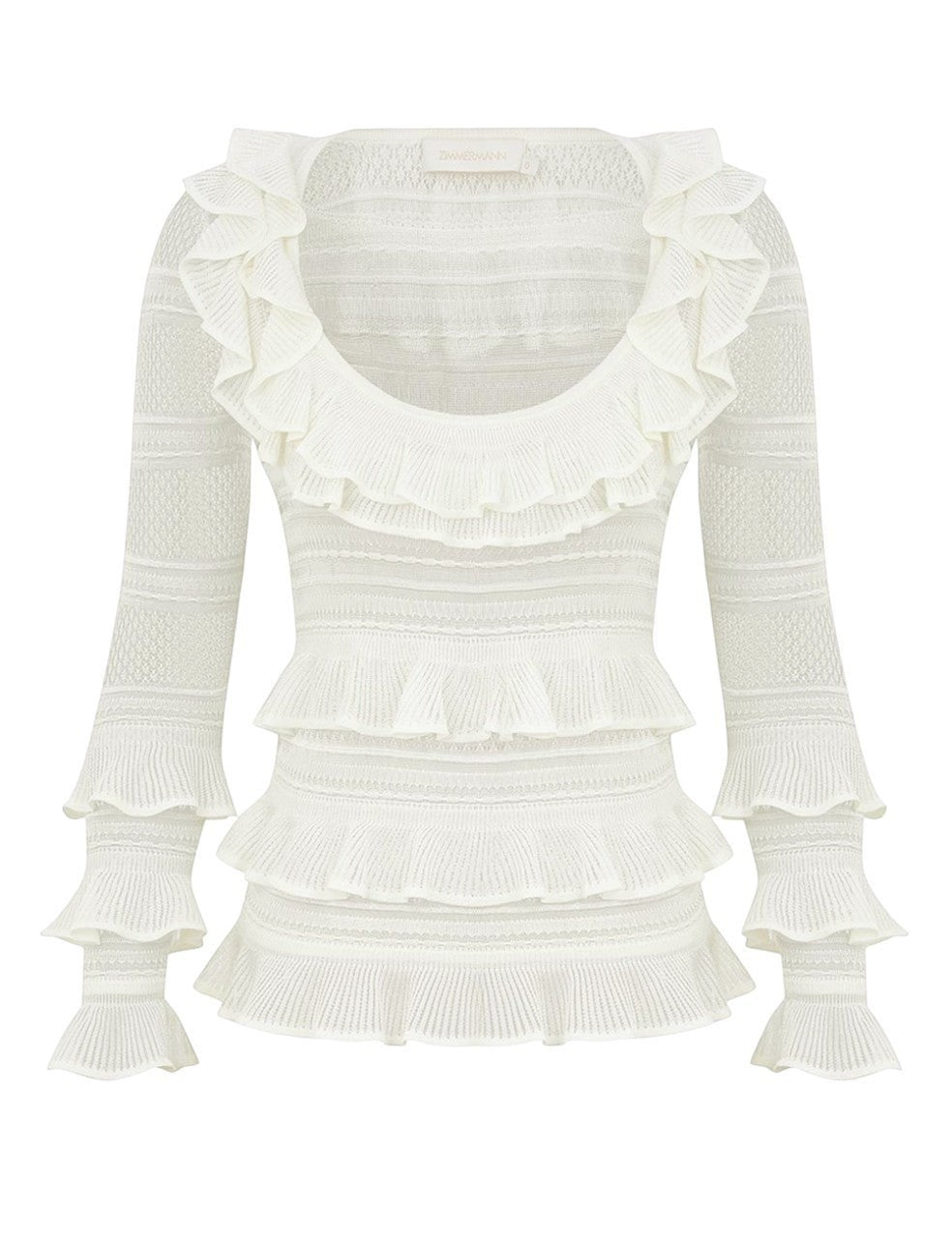Naked Pear Zimmermann ivory sheer knit long-sleeve top featuring a round neckline and cascading ruffled trim details.