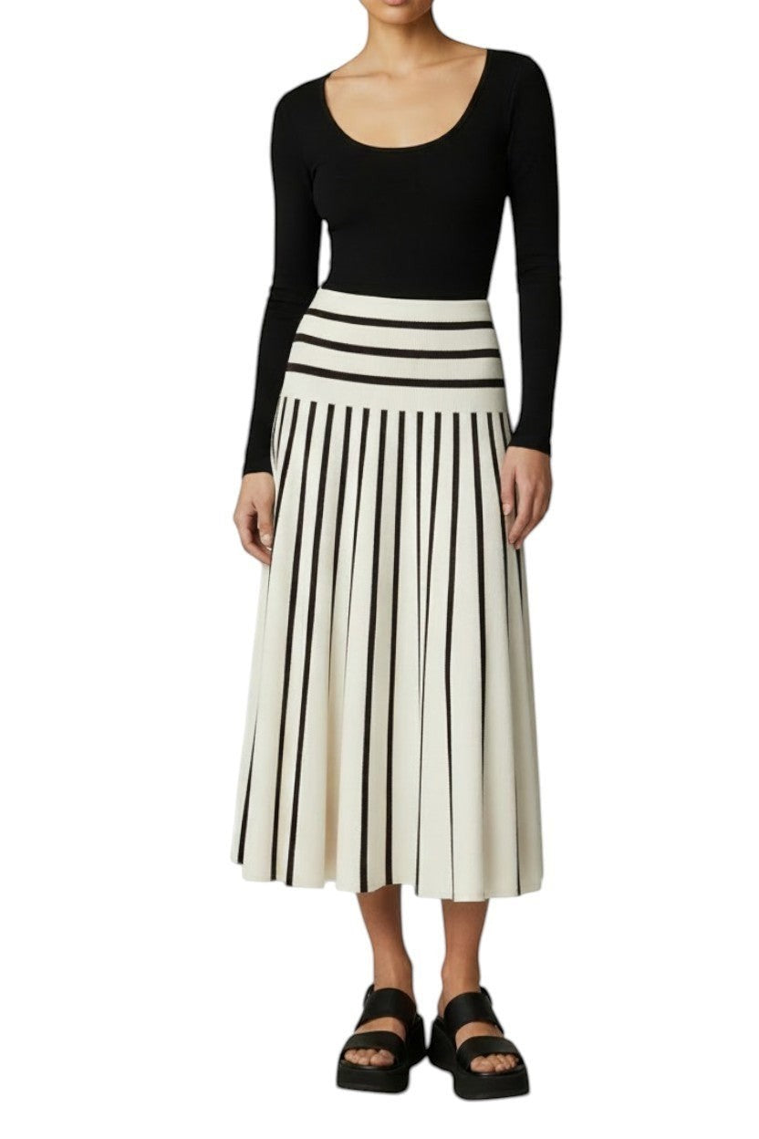 Naked Pear Zimmermann Illuminate stripe midi skirt in white and black stretch knit with a high-waisted flare design.