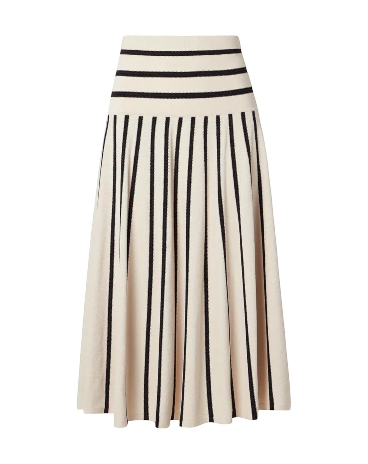 Naked Pear Zimmermann Illuminate stripe midi skirt in cream and black stretch knit with a high-waisted flared silhouette