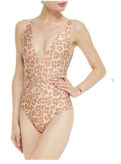 Naked Pear Zimmermann Kirra one-piece swimsuit in taupe leopard print with a gold-tone waist buckle