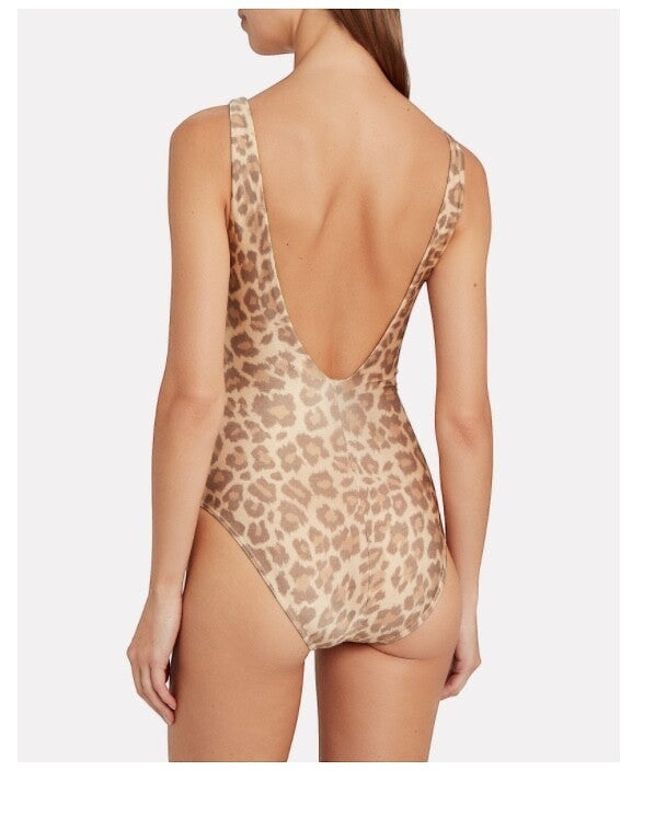 Naked Pear Zimmermann Kirra one-piece swimsuit in taupe leopard print with a low-cut back view