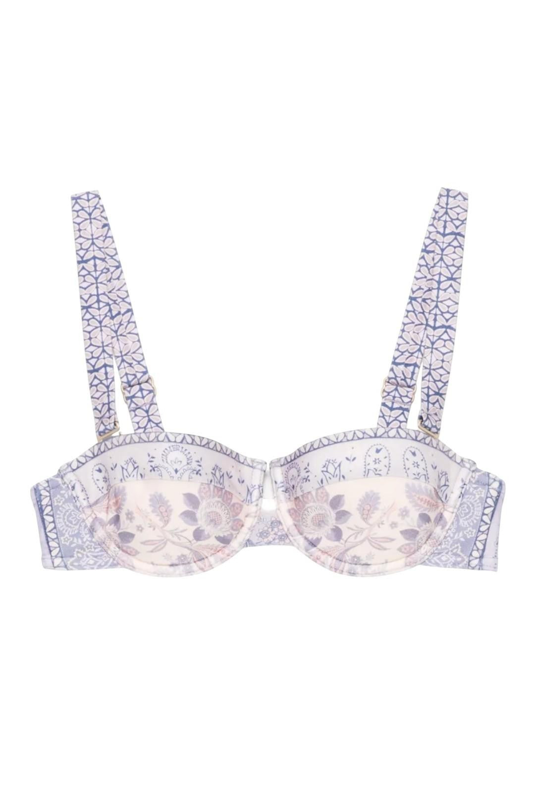 Naked Pear Zimmermann Lucky balconette bikini top in blue bandana floral print with underwire and detachable straps
