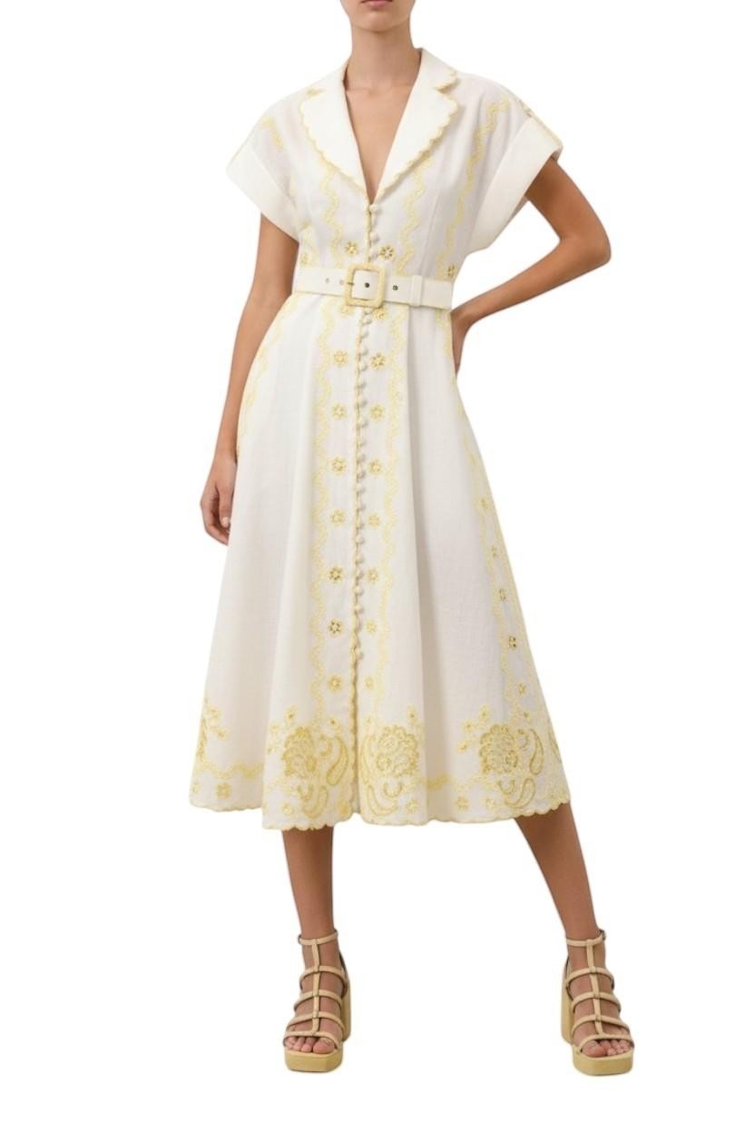 AI generated image of Naked Pear Zimmermann Lucky linen midi dress in ivory and lemon with scalloped collar, embroidery, and waist belt.