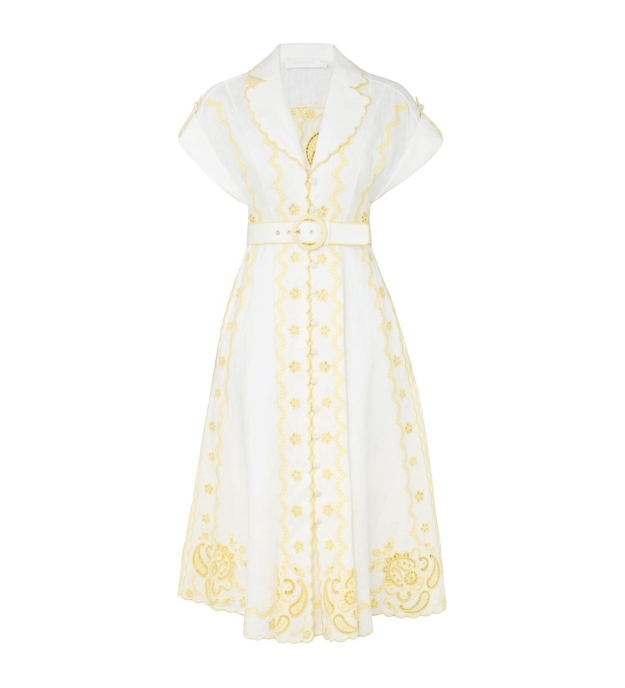 AI generated image of Naked Pear Zimmermann Lucky linen midi dress in ivory and lemon with embroidered details, collar, and buckled belt.