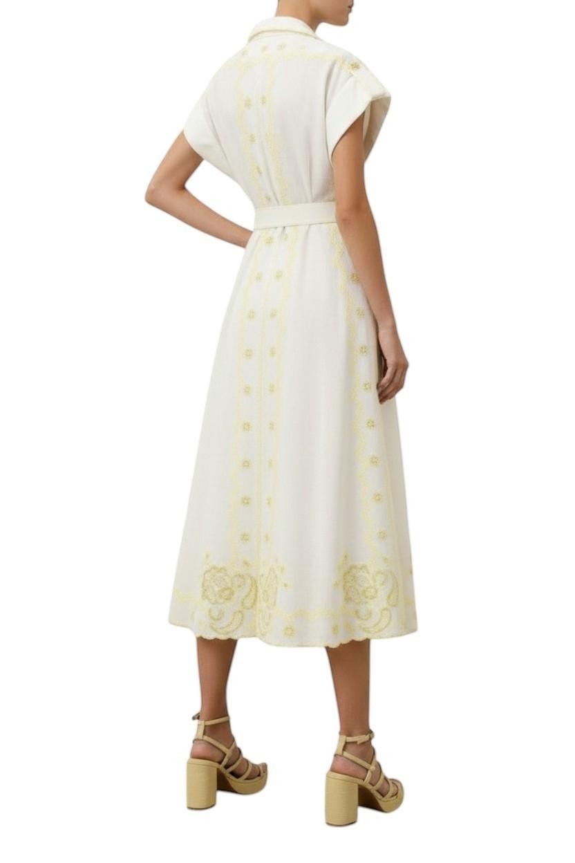 AI generated image of Naked Pear Zimmermann Lucky embroidered linen midi dress in ivory and lemon with a belted waist and scalloped hem.