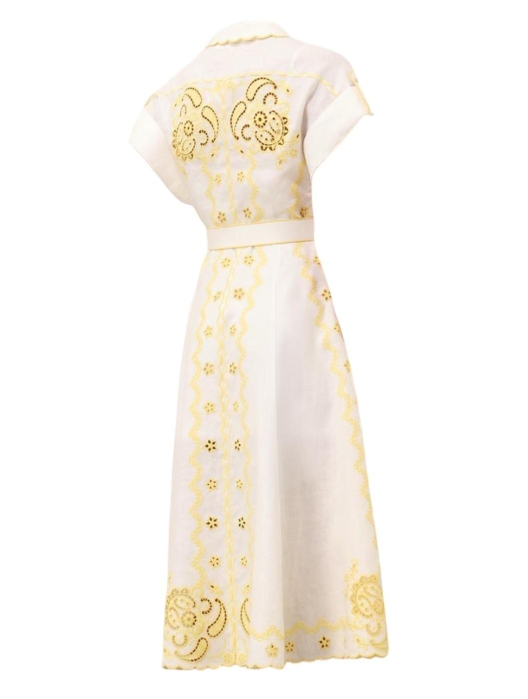 AI generated image of Naked Pear Zimmermann Lucky linen midi dress in ivory and lemon with yellow embroidery, collar, and waist belt.