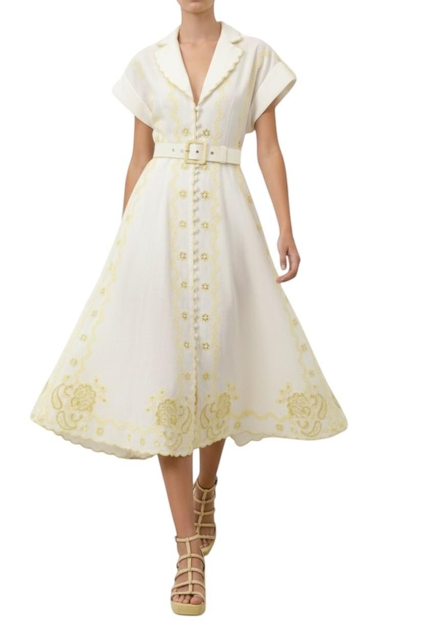 AI generated image of Naked Pear Zimmermann Lucky linen midi dress in ivory and lemon with a belted waist, collar, and floral embroidery.