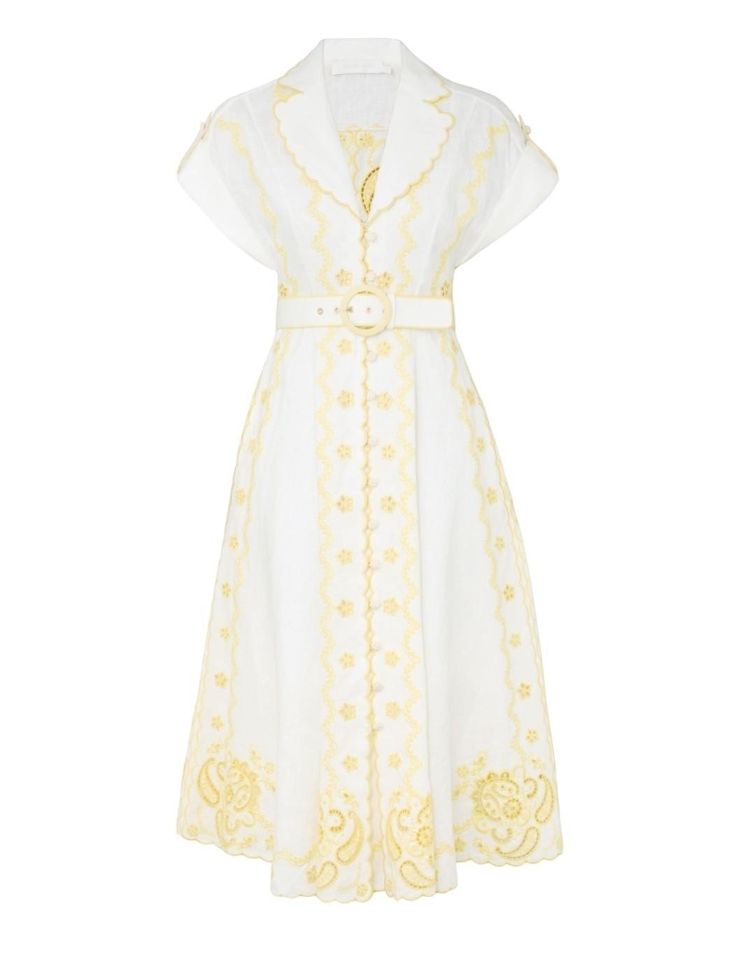 AI generated image of Naked Pear Zimmermann Lucky linen midi dress in ivory and lemon with scalloped embroidery, collar, and waist belt.