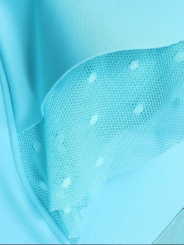Naked Pear Zimmermann Peggy turquoise one-piece swimsuit featuring delicate dot mesh inserts and ruffle trim details.