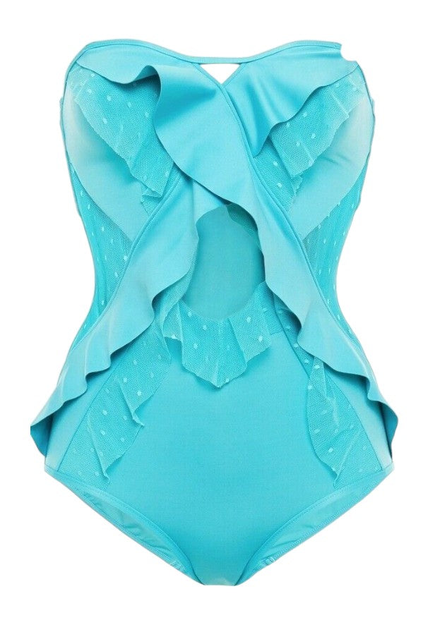 Naked Pear Zimmermann Peggy turquoise one-piece swimsuit featuring mesh inserts, ruffle details, and cut-out accents.