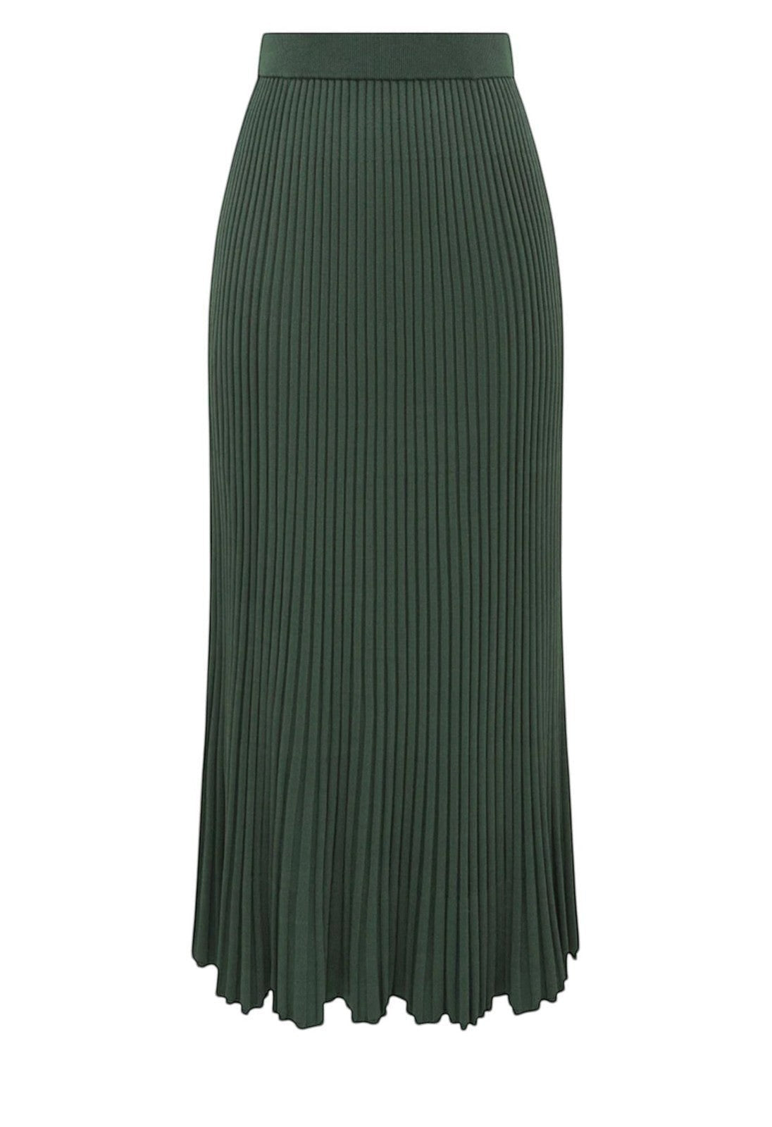 Naked Pear Zimmermann dark green ribbed knit midi skirt with an elasticated waist and pleated A-line silhouette.