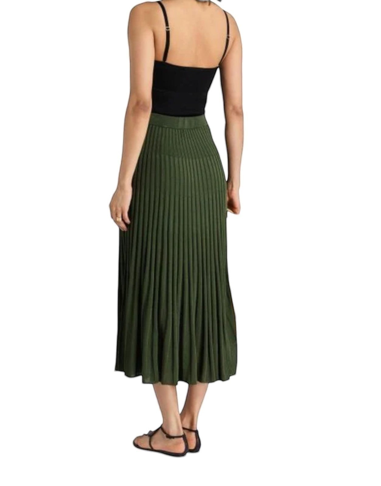 Naked Pear Zimmermann dark green pleated knit midi skirt with elasticated waist, back view on model